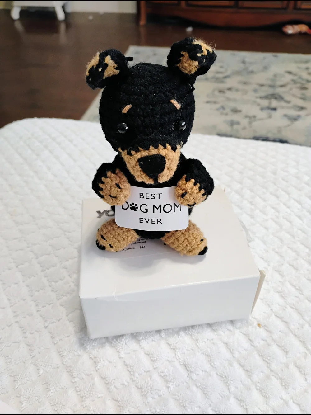 Handmade Black & Tan Crochet Dog Amigurumi Plush - Best Dog Mom Ever Sign